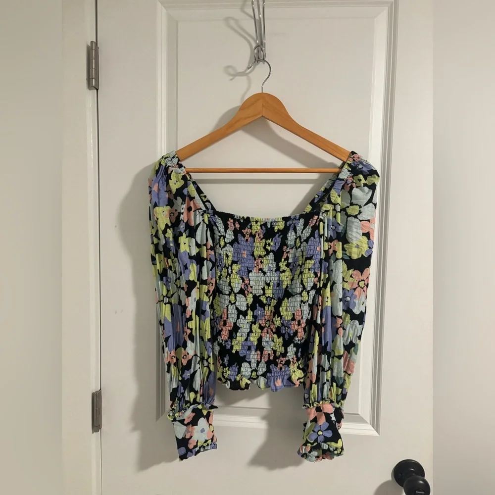 FREE PEOPLE Ariana Floral Puff Sleeve Top Cotton Cropped Blouse Size XS